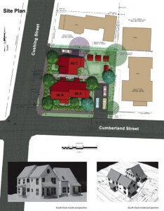 Site plan for 46 Cumberland Street, Brunswick, Maine is for three affordable homes.  This is a recent GBHC completed project.